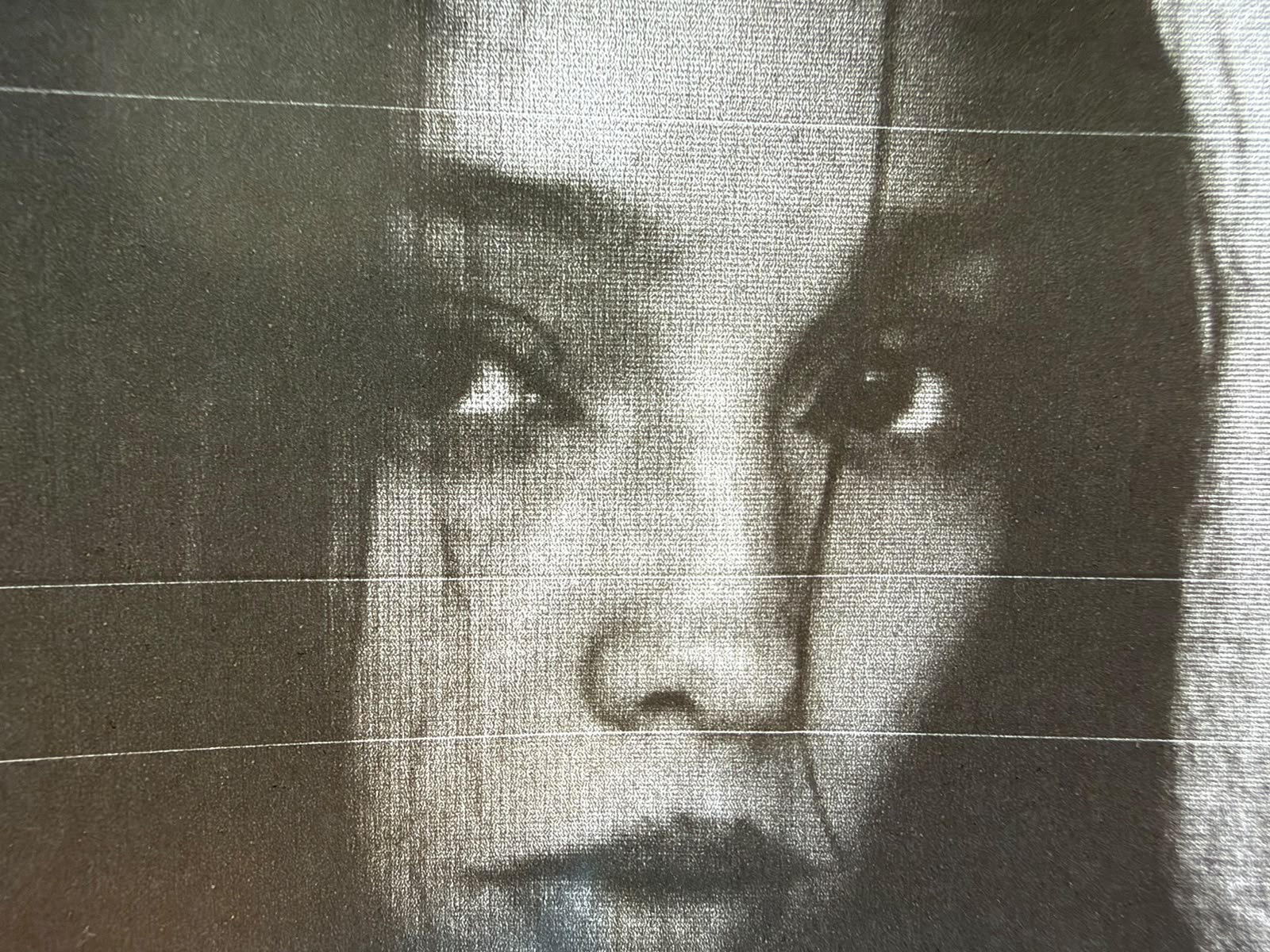 Close-up face reproduced in a printed halftone texture